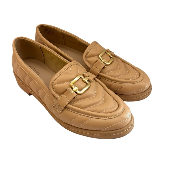 Aldo Tan Quilted W/ Gold Buckle Almond Toe Comfort Loafer Shoe (8) - Picture 1 of 12